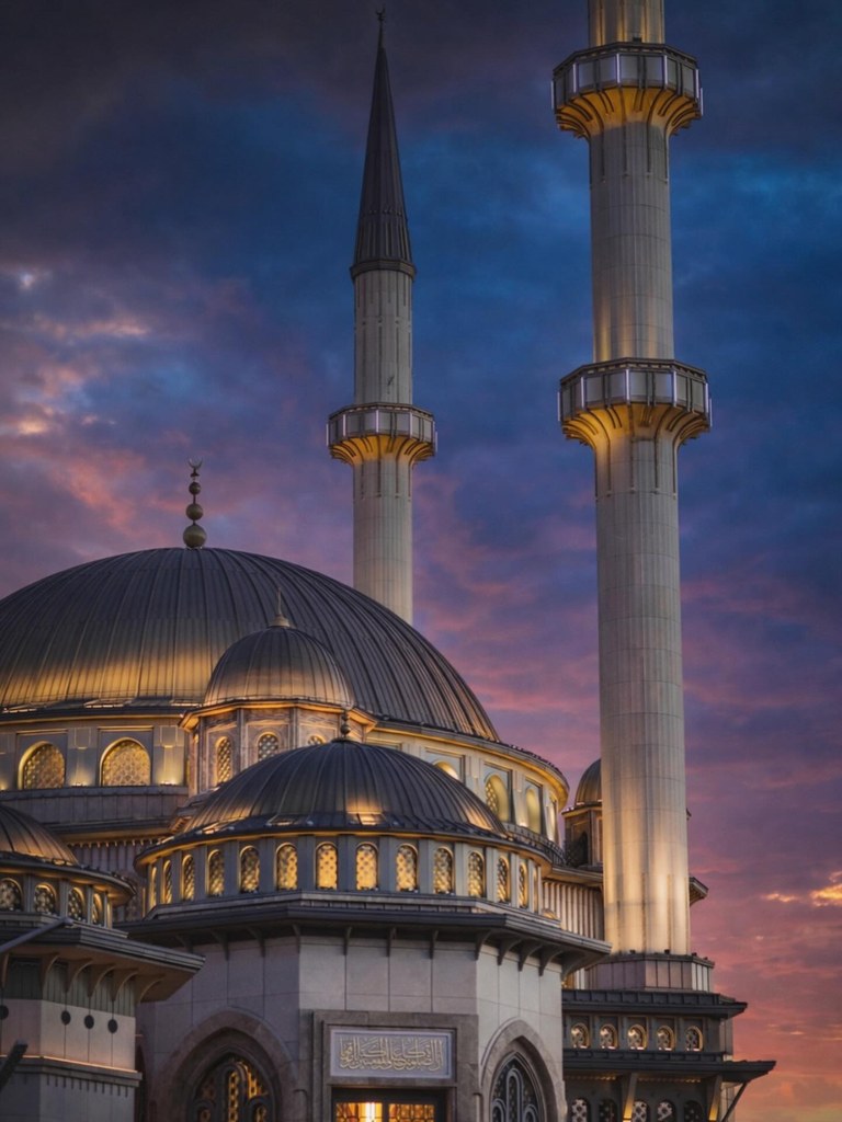A mosque in Istanbul at dusk, minarets against the last light over the city.
