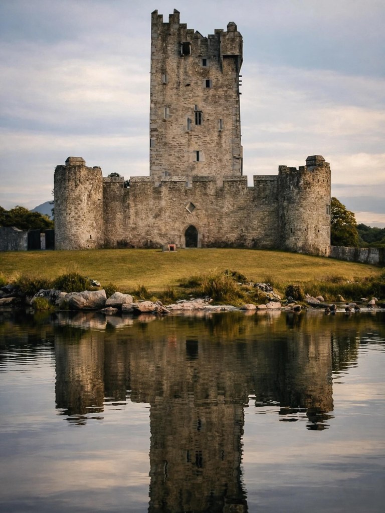 Ross Castle rising from the Kerry landscape, reflected in still water — solid, grey and unyielding.