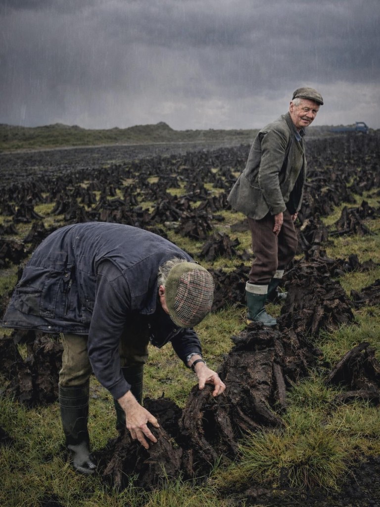 Two men cutting turf on a hillside bog under a glowering sky, an old Irish way of work disappearing with their generation.